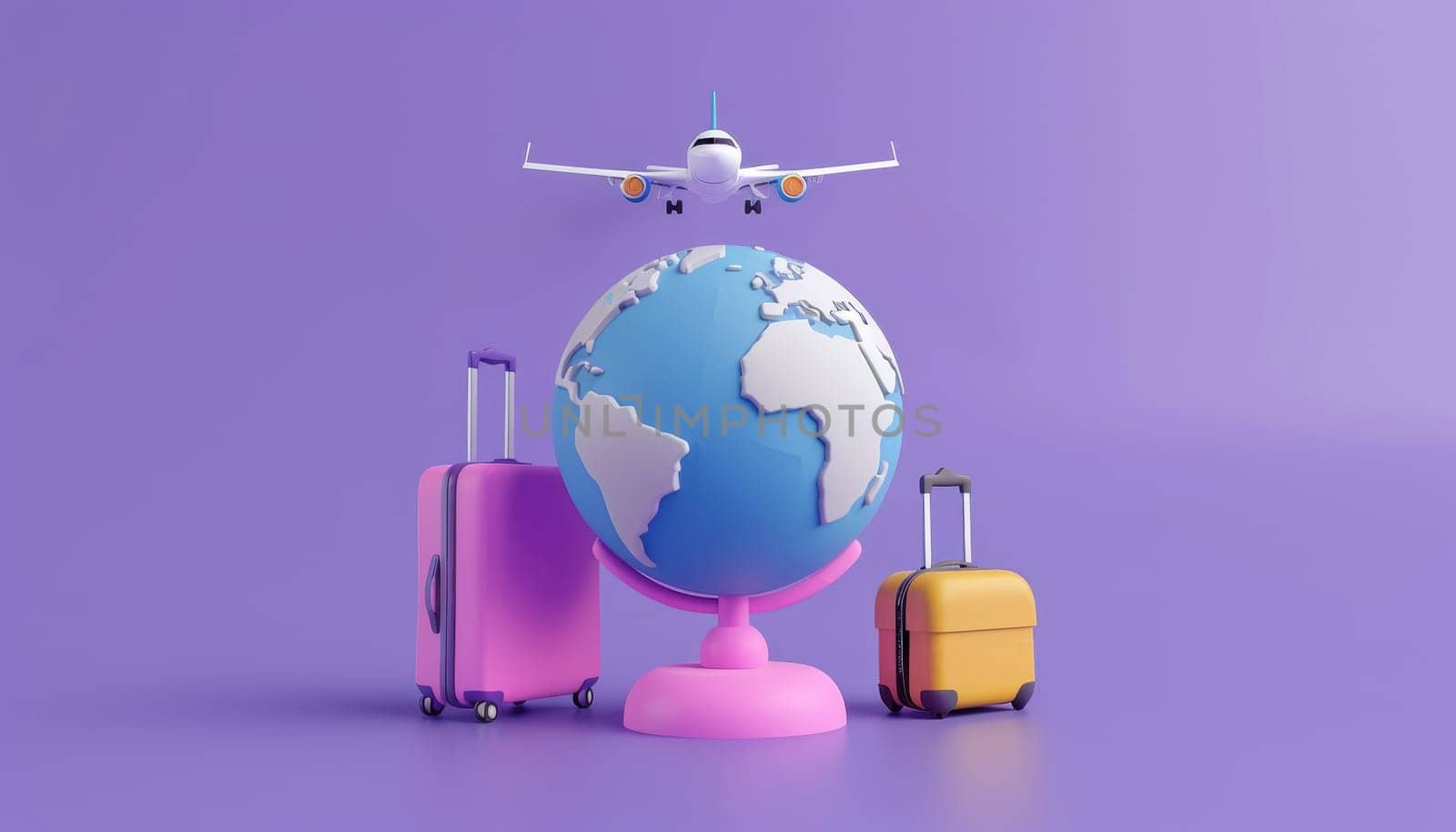 3D cartoon globe with travel elements like airplane, luggage, and camera. Concept of global travel and adventure by AI generated image by wichayada