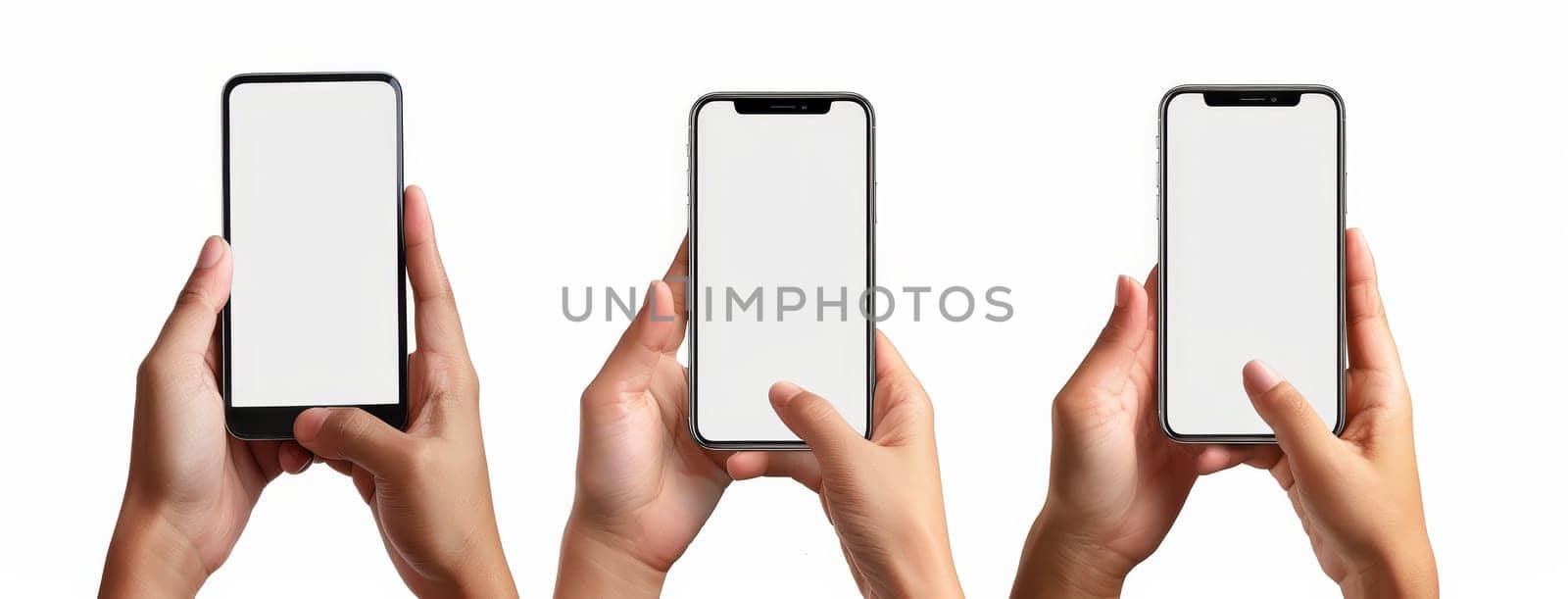 Three people holding cell phones with the screen showing white by AI generated image by wichayada