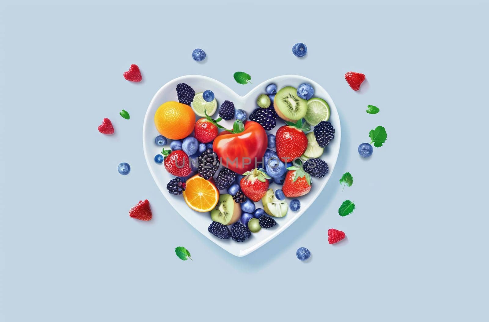 A heart filled with a variety of fruits and vegetables by AI generated image.