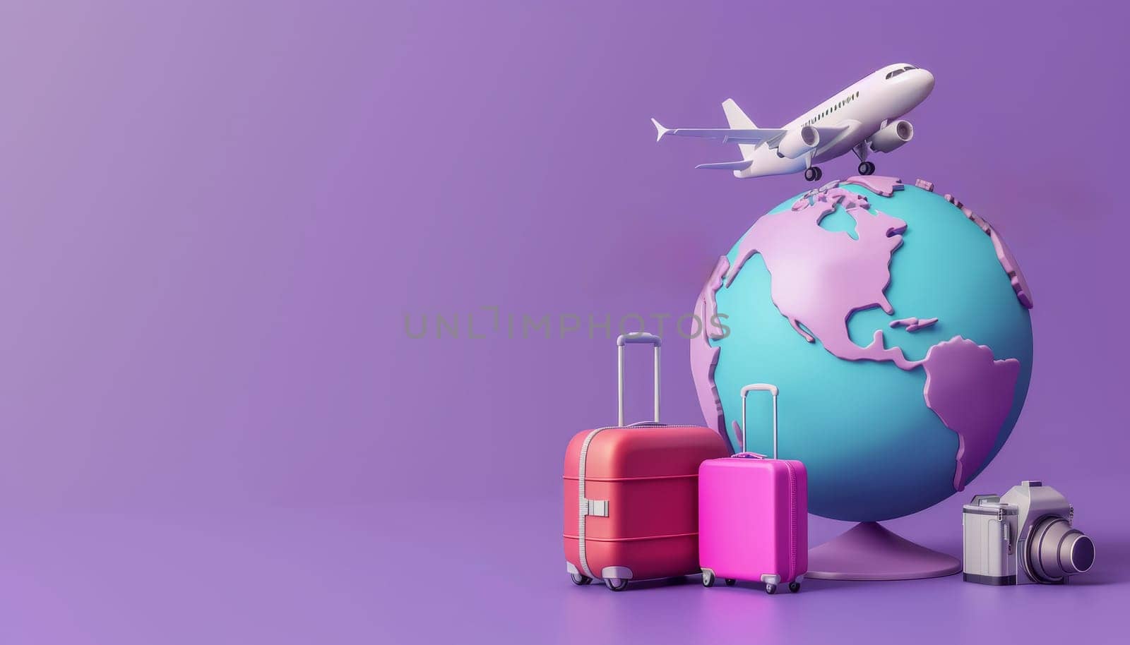 3D cartoon globe with travel elements like airplane, luggage, and camera. Concept of global travel and adventure by AI generated image by wichayada