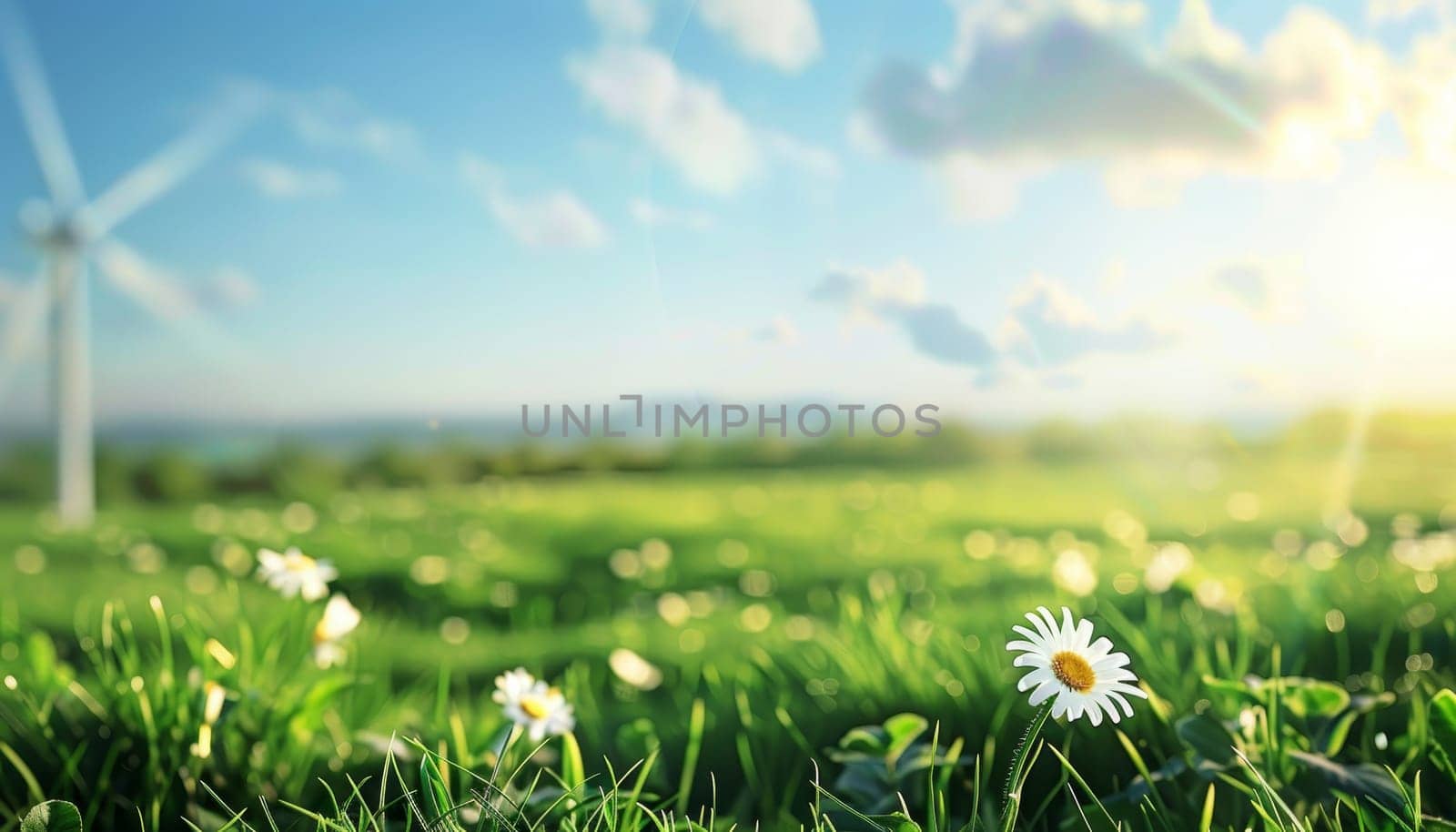 A field of green grass with a single white flower in the foreground. The sky is blue with a few clouds