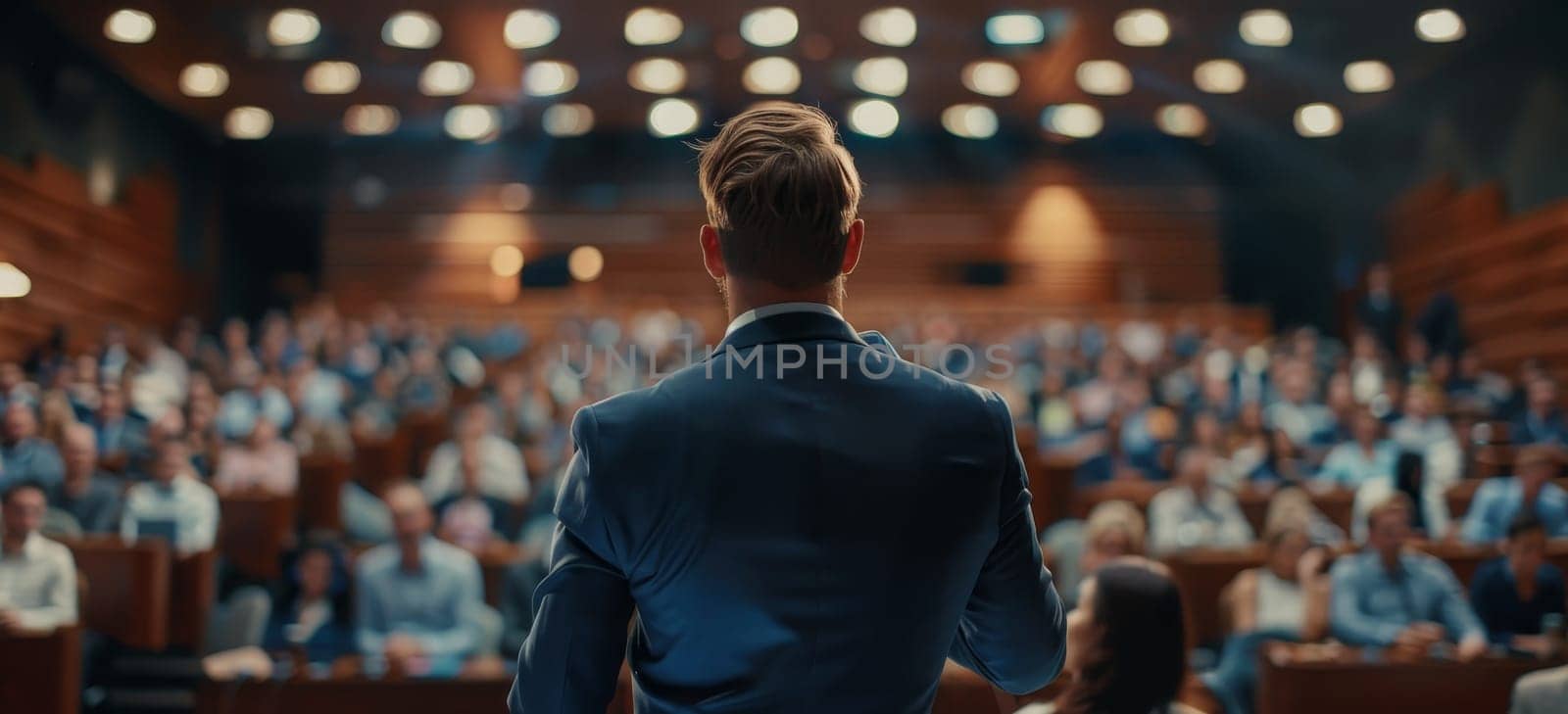 A man stands in front of a large audience, giving a speech by AI generated image.