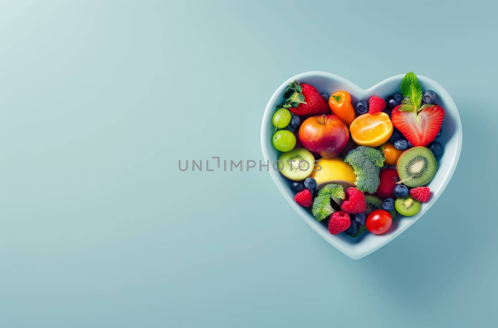 A bowl of fruit is shaped like a heart by AI generated image by wichayada