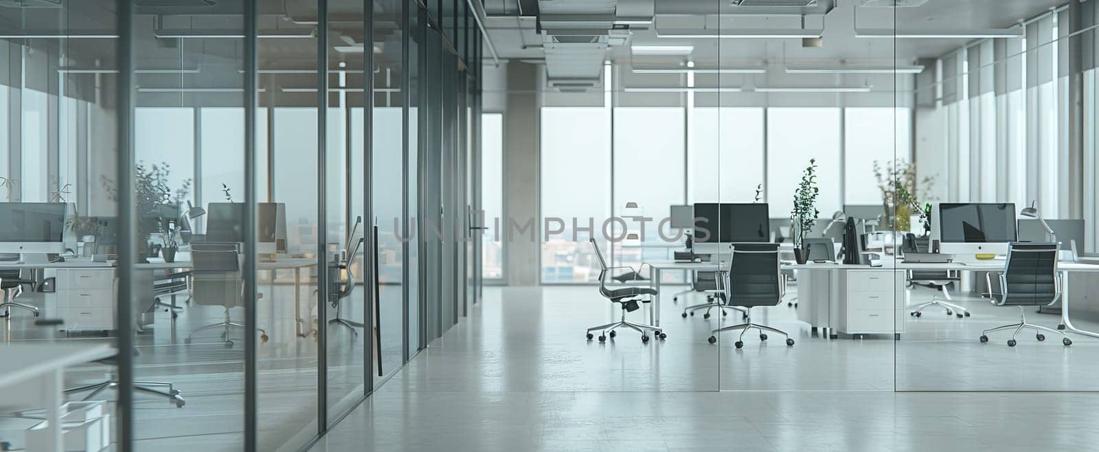 A large open office space with many white chairs and desks by AI generated image by wichayada