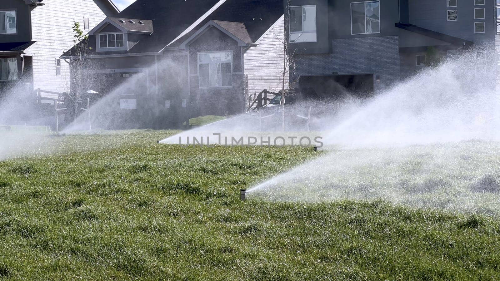 A suburban neighborhood scene featuring automatic sprinklers watering a lush green lawn in front of modern homes. The sprinklers create a misty effect, emphasizing the freshness and care of the landscape.