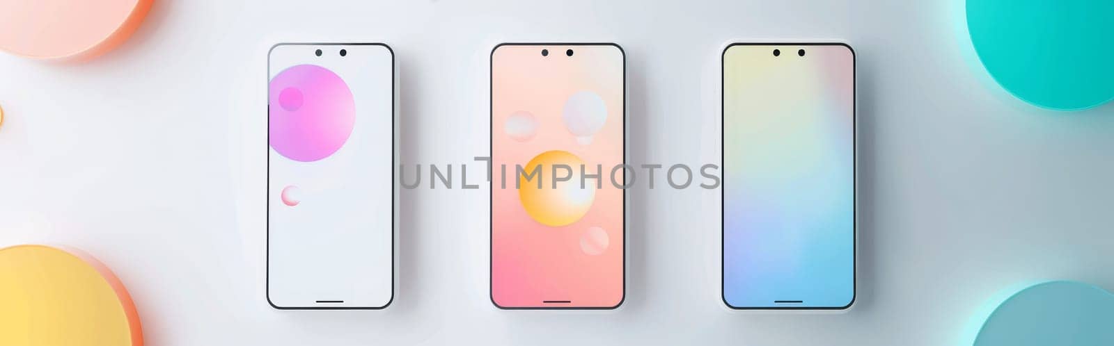 Three cell phones are displayed in a row, each with a different color by AI generated image.