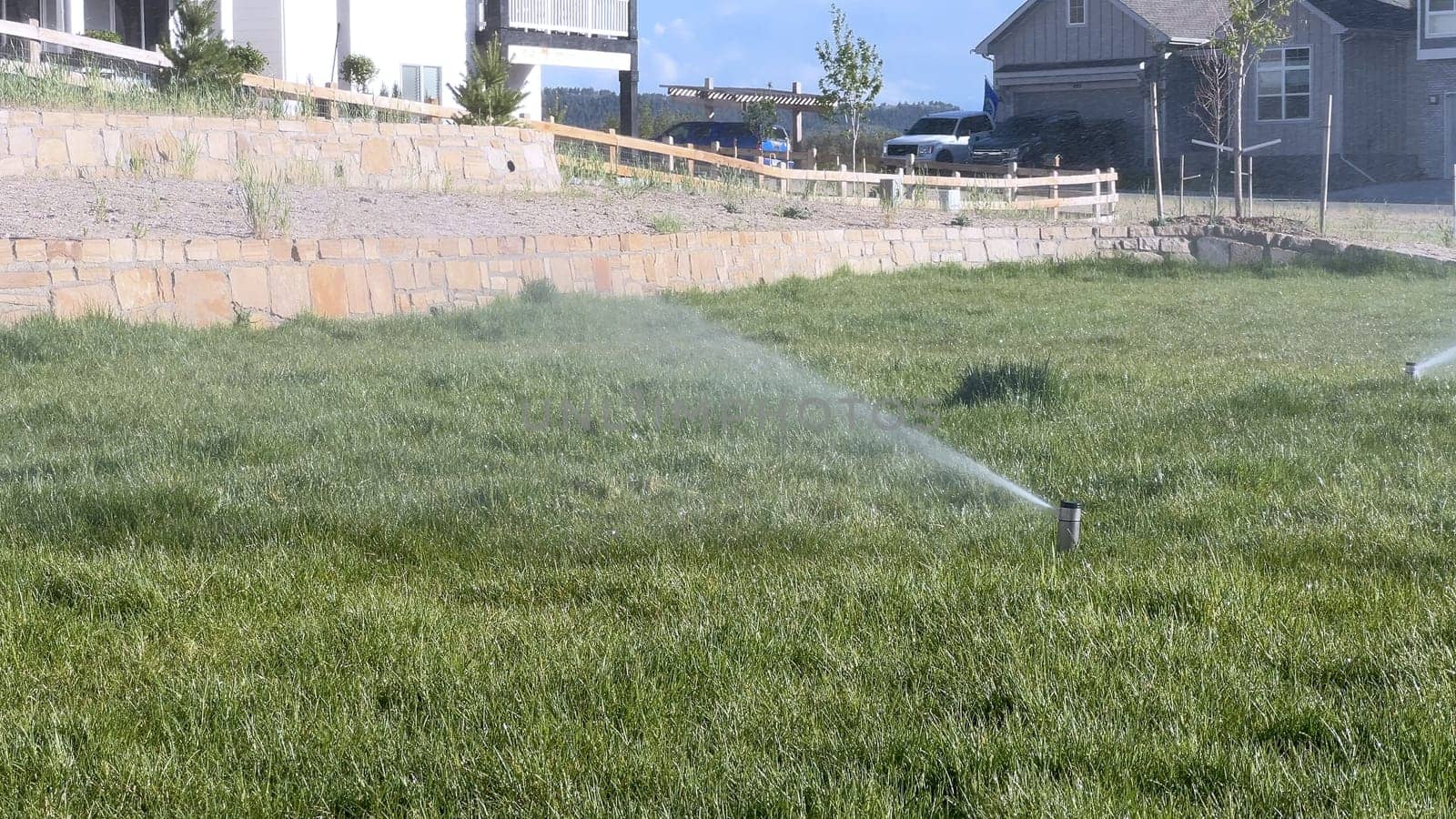 Suburban Lawn Sprinklers Watering Grass on a Sunny Day by arinahabich