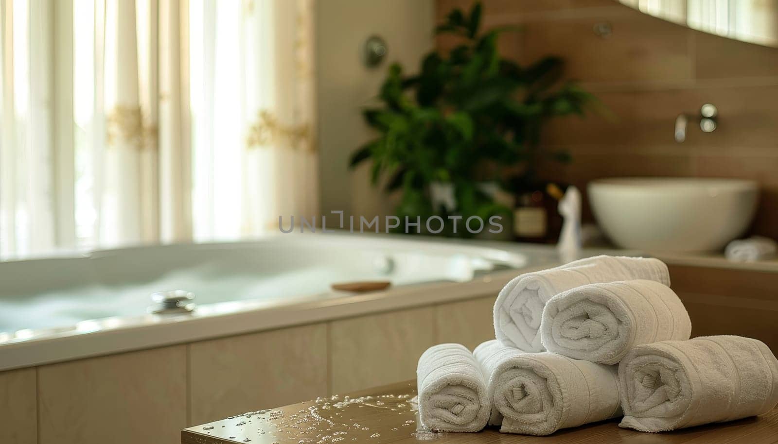 A bathroom with a bathtub and a sink. There are five white towels stacked on a table