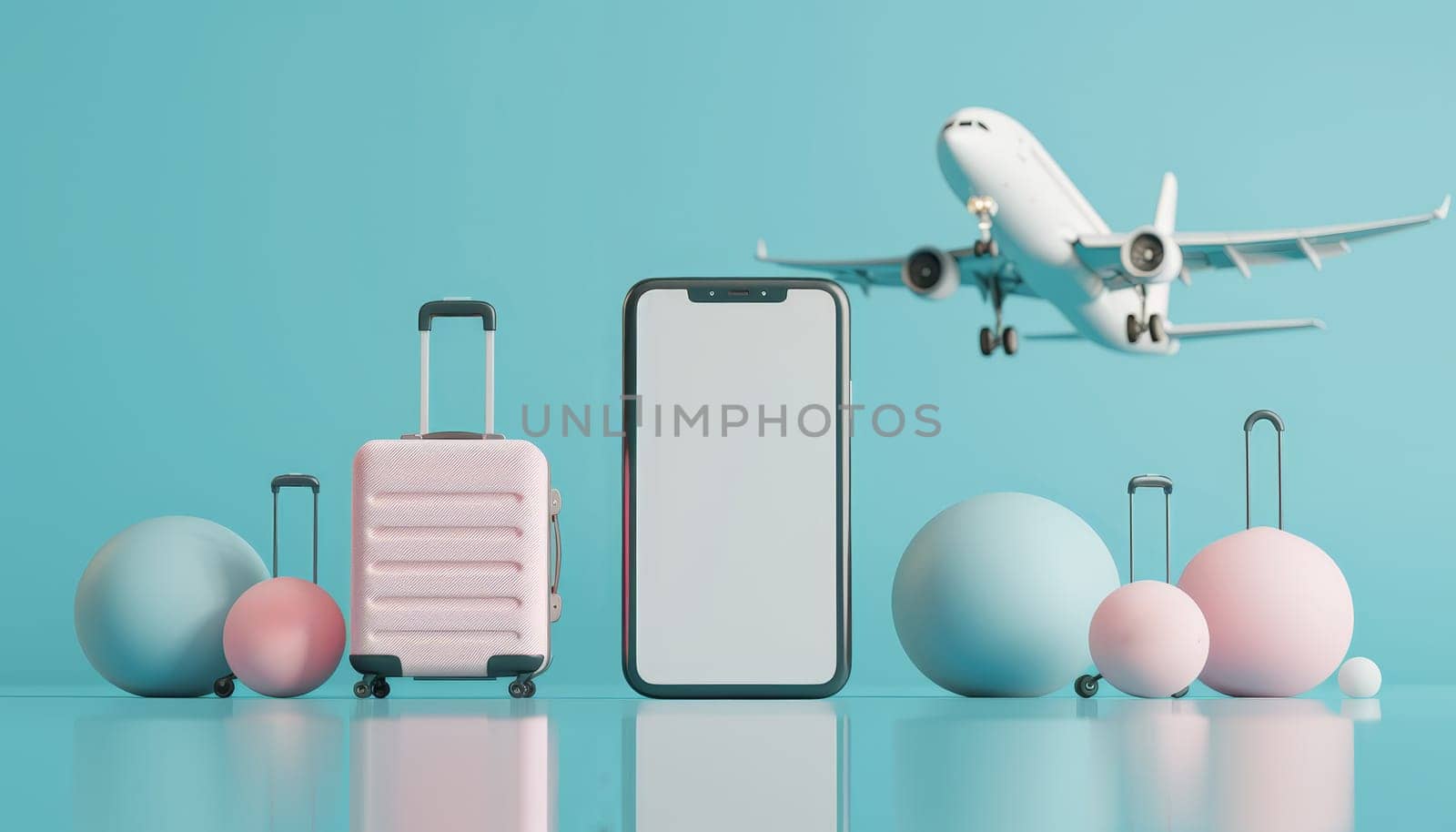 3D render of a smartphone with blank screen, suitcases, and airplane. Concept of travel and technology by AI generated image by wichayada