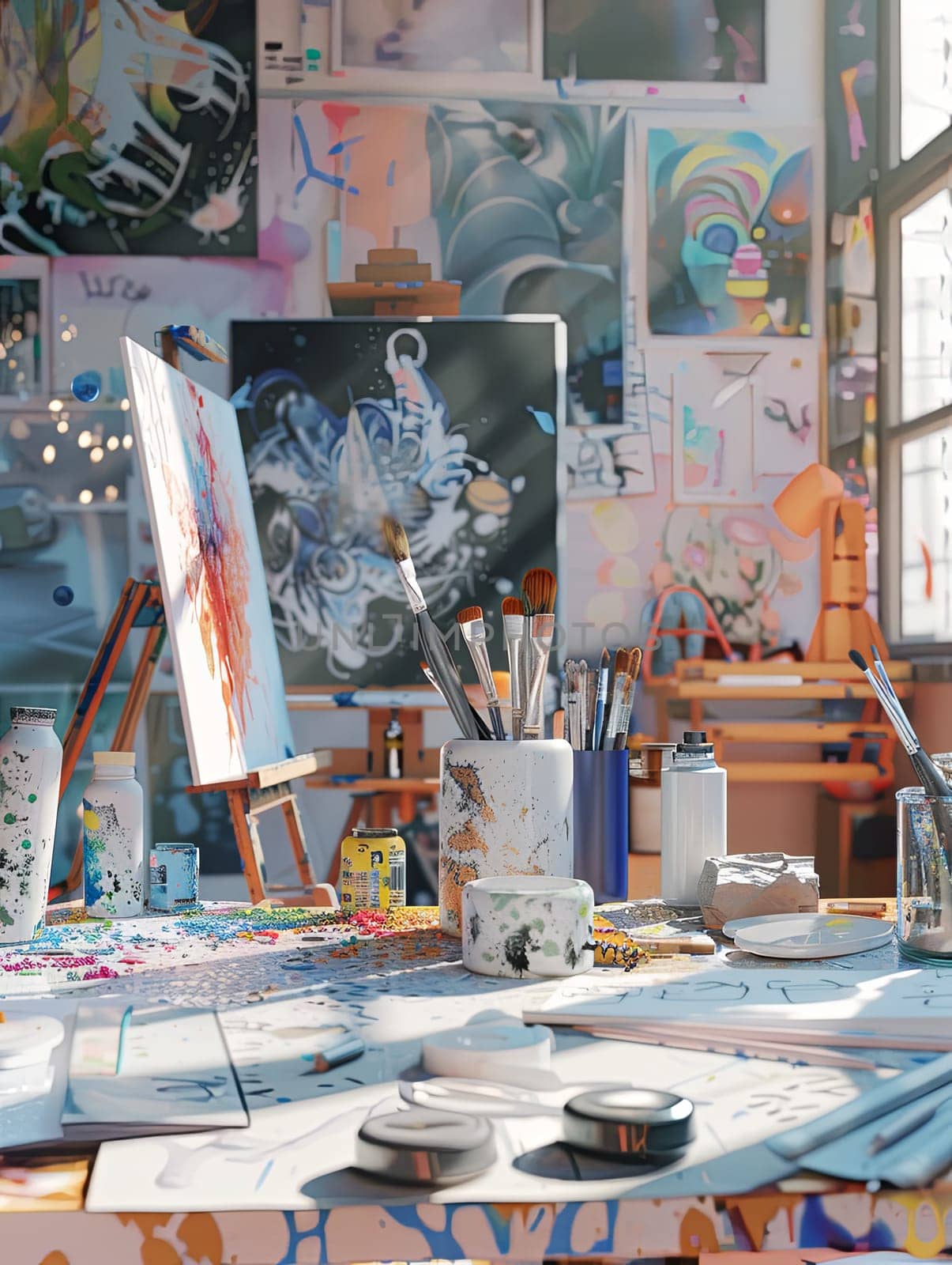 Colorful art supplies and digital tools fill the modern artists workspace, flooded with natural light that showcases the potential of AI in art. Generative AI by AnatoliiFoto