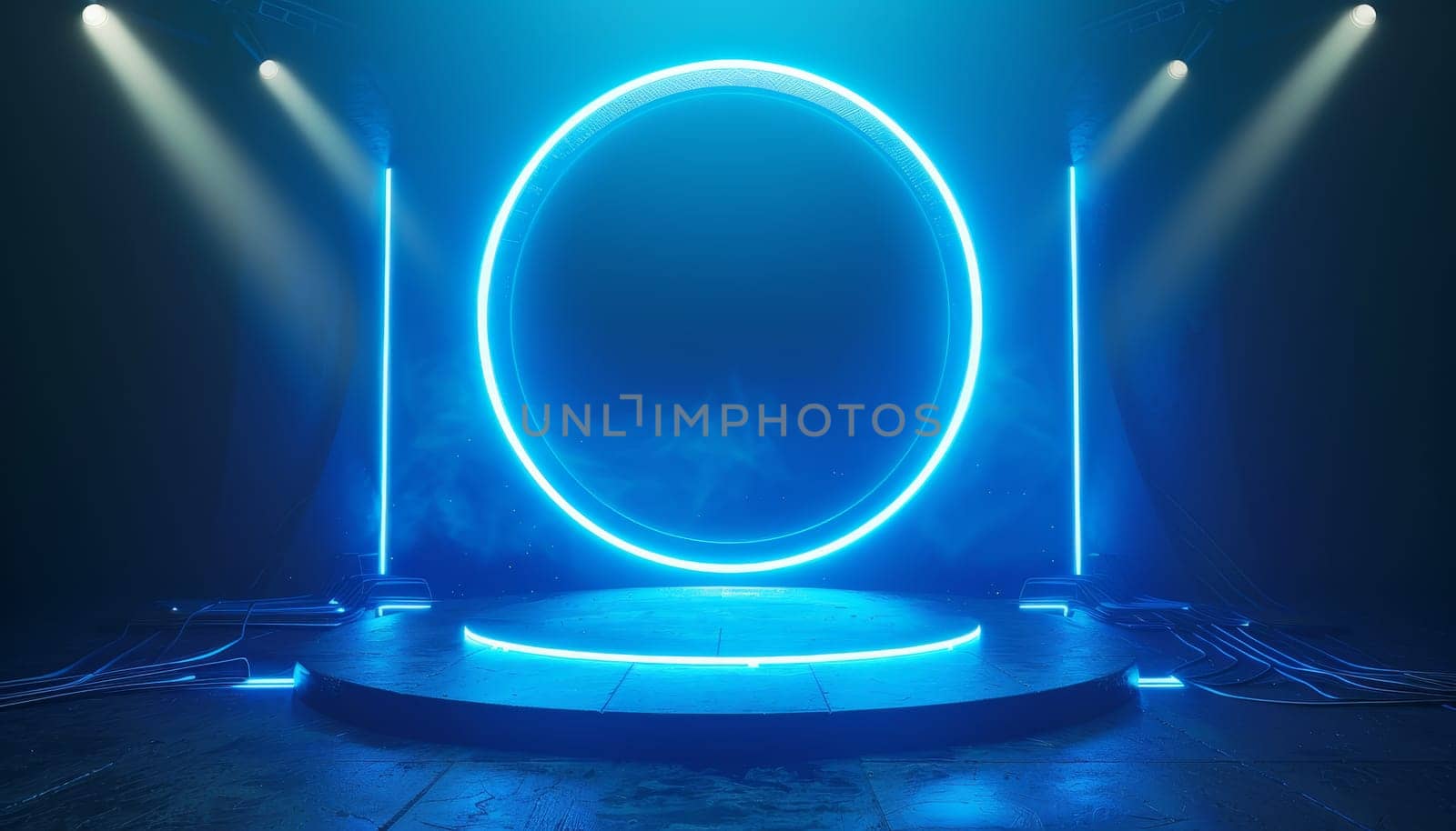 A blue lighted stage with a large circular platform in the center by AI generated image.