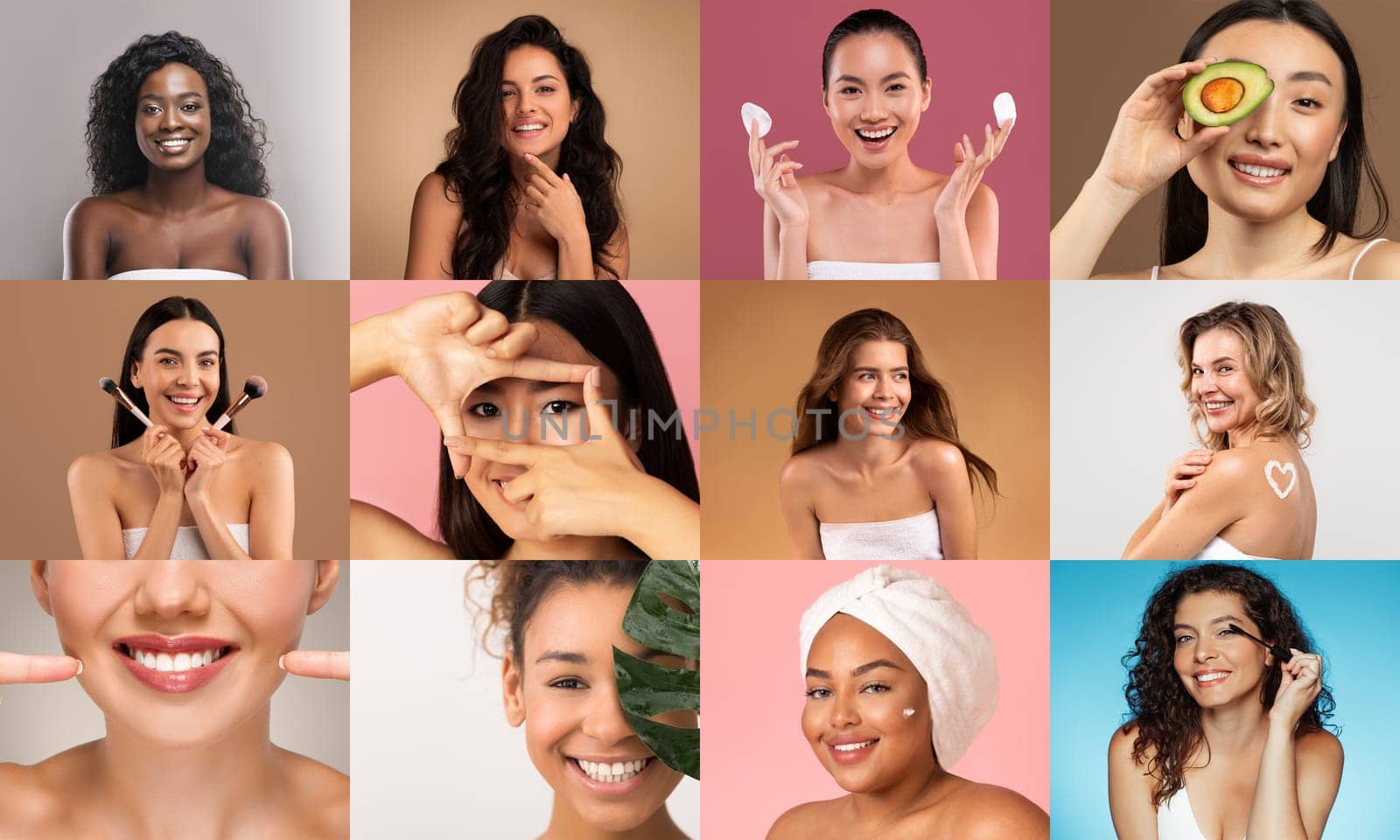 A collage of multiracial women, each engrossed in their beauty regimens, set against a professionally lit studio set.