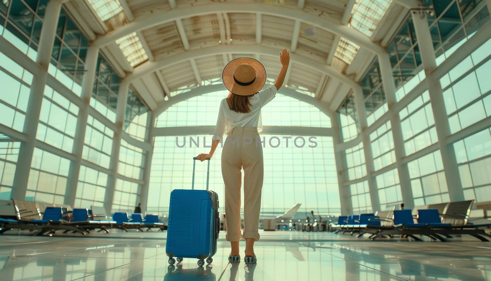 Woman in airport with suitcase wearing hat and white shirt. Concept of travel and journey by AI generated image.