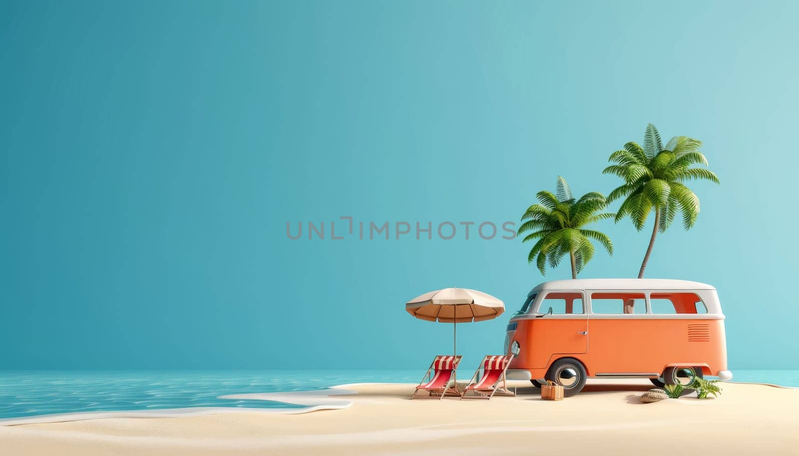 3D rendering of a cartoon travel bus on the beach with palm trees. Concept of summer vacation and fun by AI generated image by wichayada