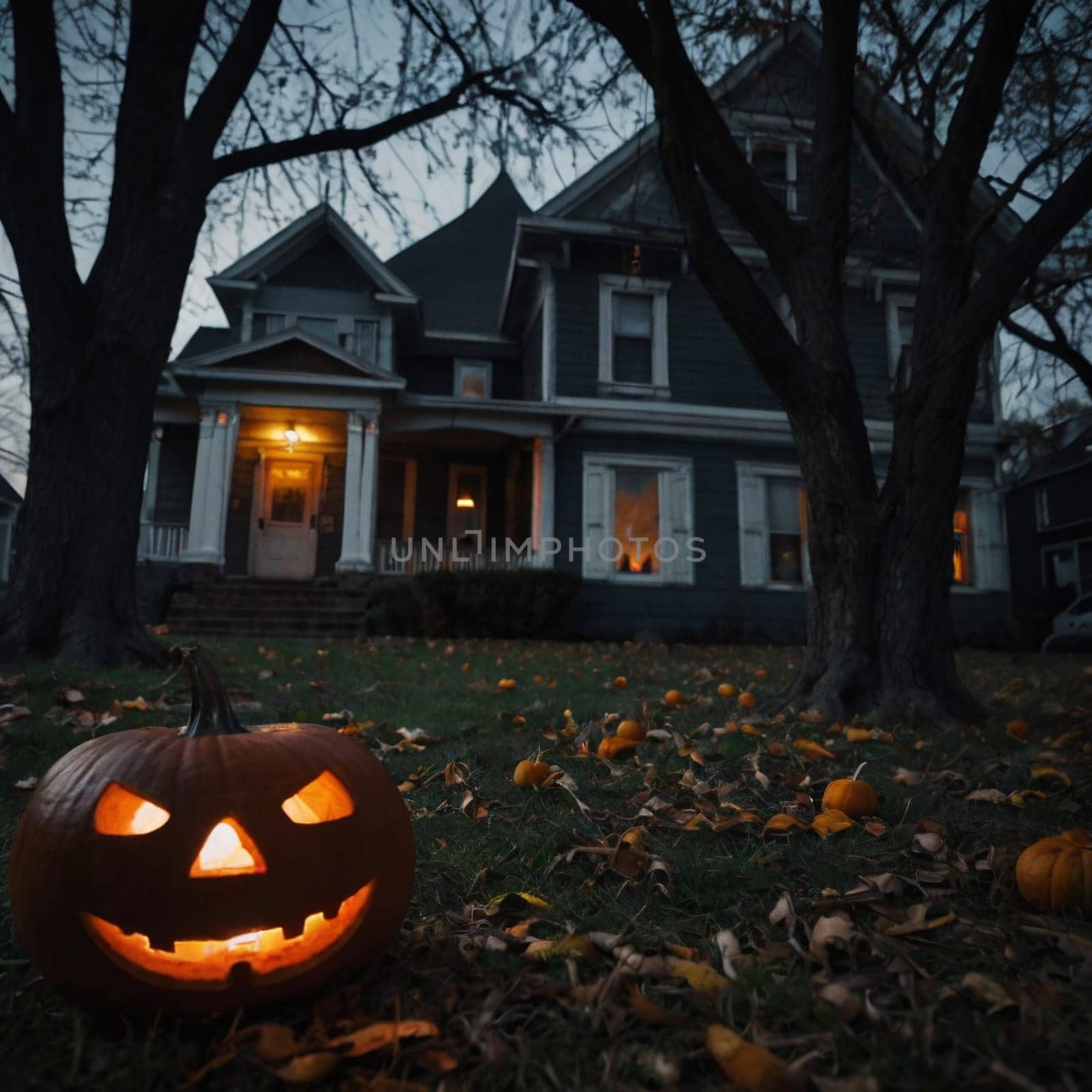 Lots of Halloween glowing pumpkins in a dark courtyard with an old house behind them. The site of the house is gloomy and autumnal.