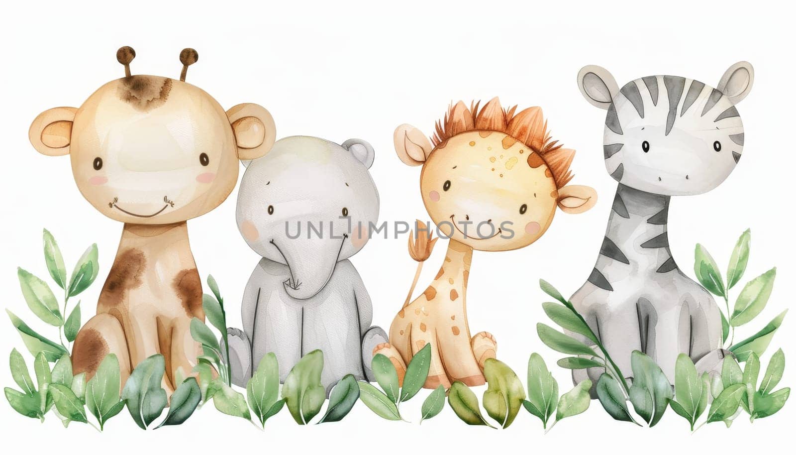 Watercolor cartoon of baby jungle animals in greenery. Concept of cute wildlife by AI generated image by wichayada