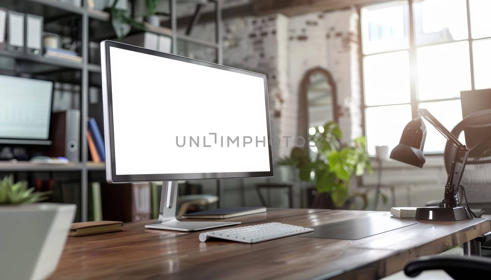 A computer monitor sits on a wooden desk in a room with a potted plant by AI generated image by wichayada