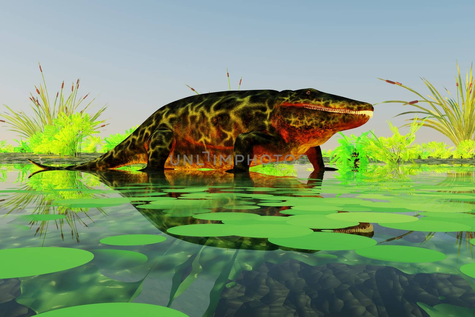 Eryops was an semi-aquatic ambush predator much like the modern crocodile and lived in Texas, New Mexico and the Eastern USA in the Permian Period.