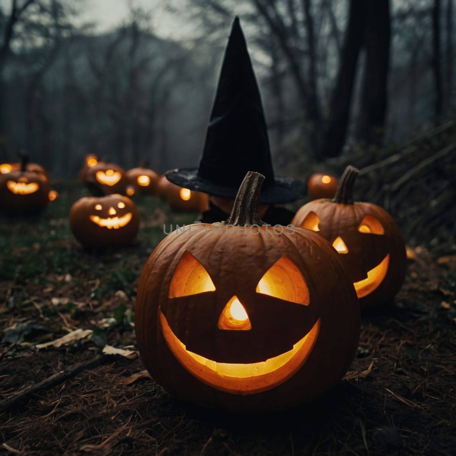 Lots of Halloween pumpkins in a dark forest by VeronikaAngo