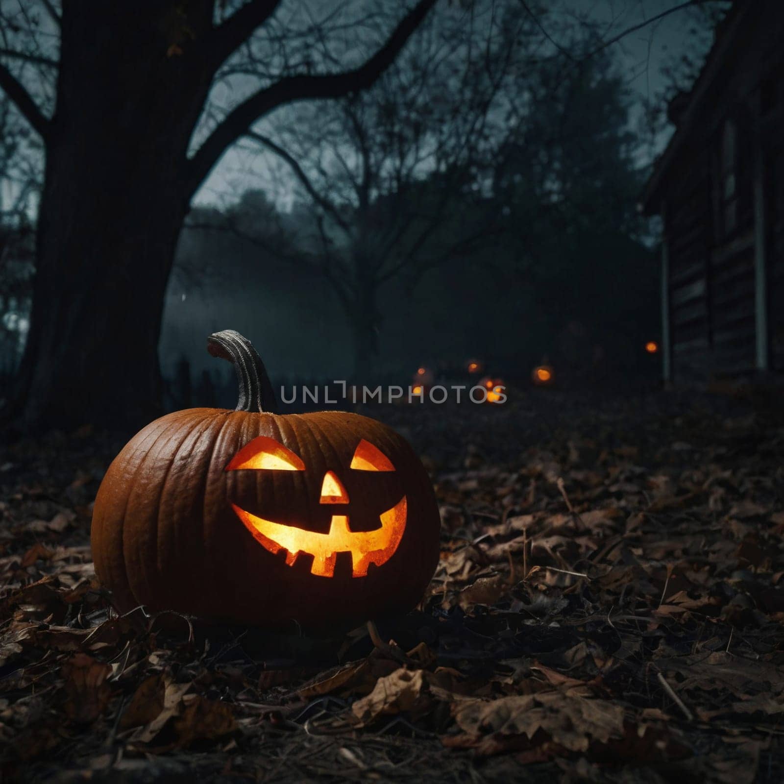 Lots of Halloween pumpkins in a dark courtyard by VeronikaAngo