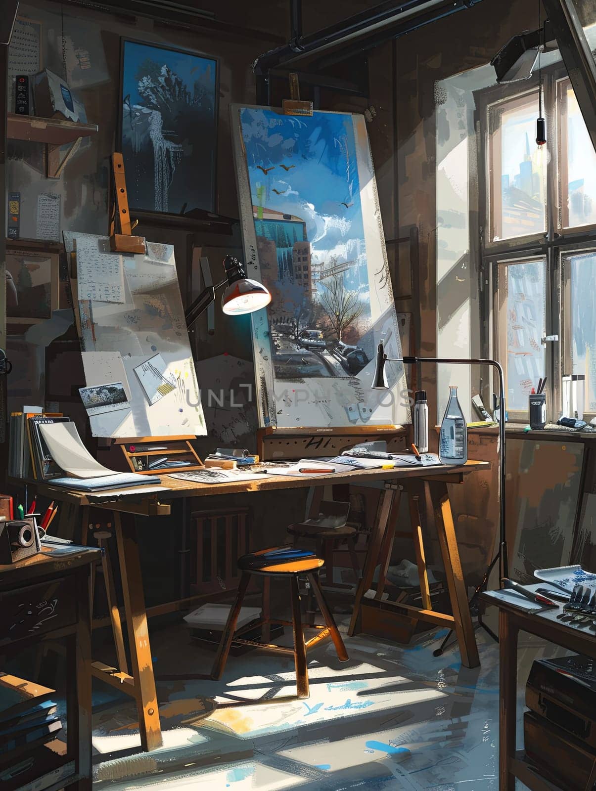 An artists studio filled with modern technology and sunlight. Digital canvases and smart brushes aid in the creative process.
