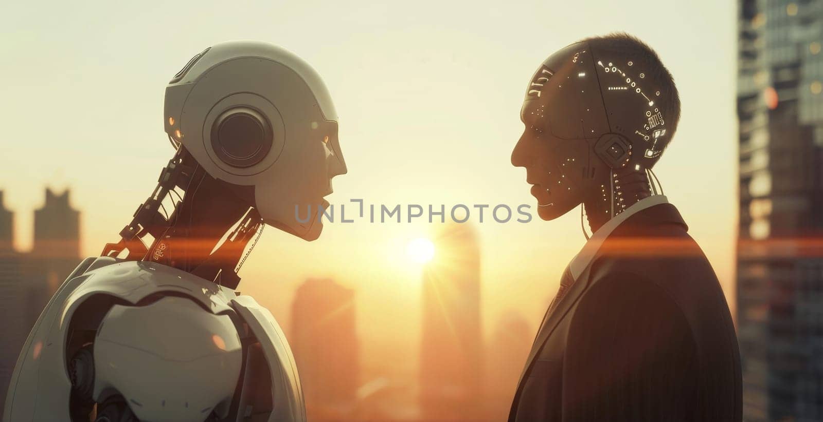 Two robots are standing in front of a city skyline by AI generated image by wichayada