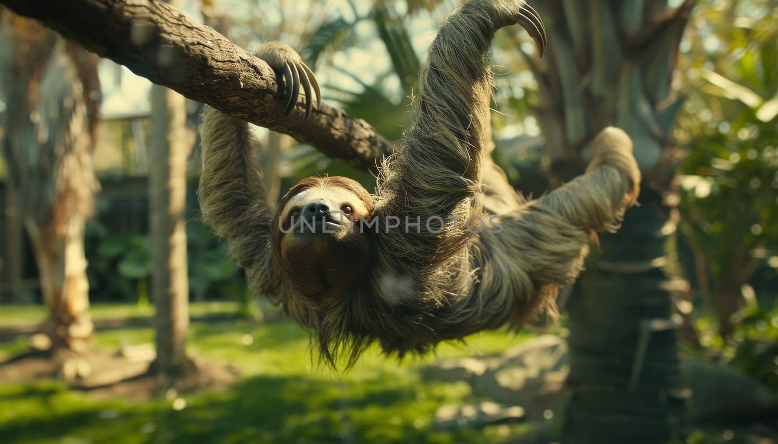 Cute sloth hanging from branch in jungle with giraffes and elephants. Concept of wildlife and nature by AI generated image.