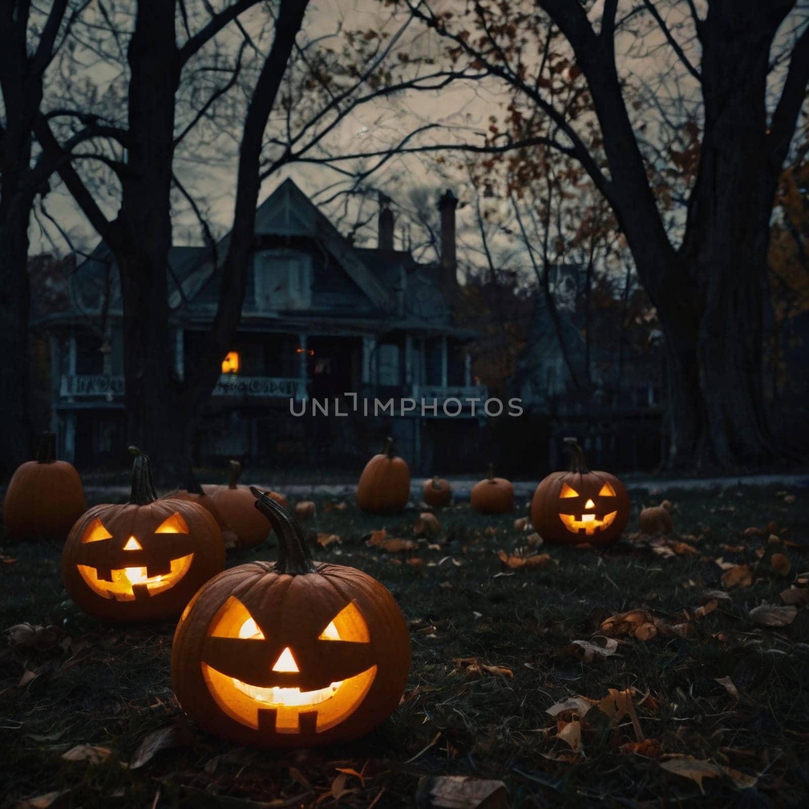 Lots of Halloween glowing pumpkins in a dark courtyard with an old house behind them. The site of the house is gloomy and autumnal.