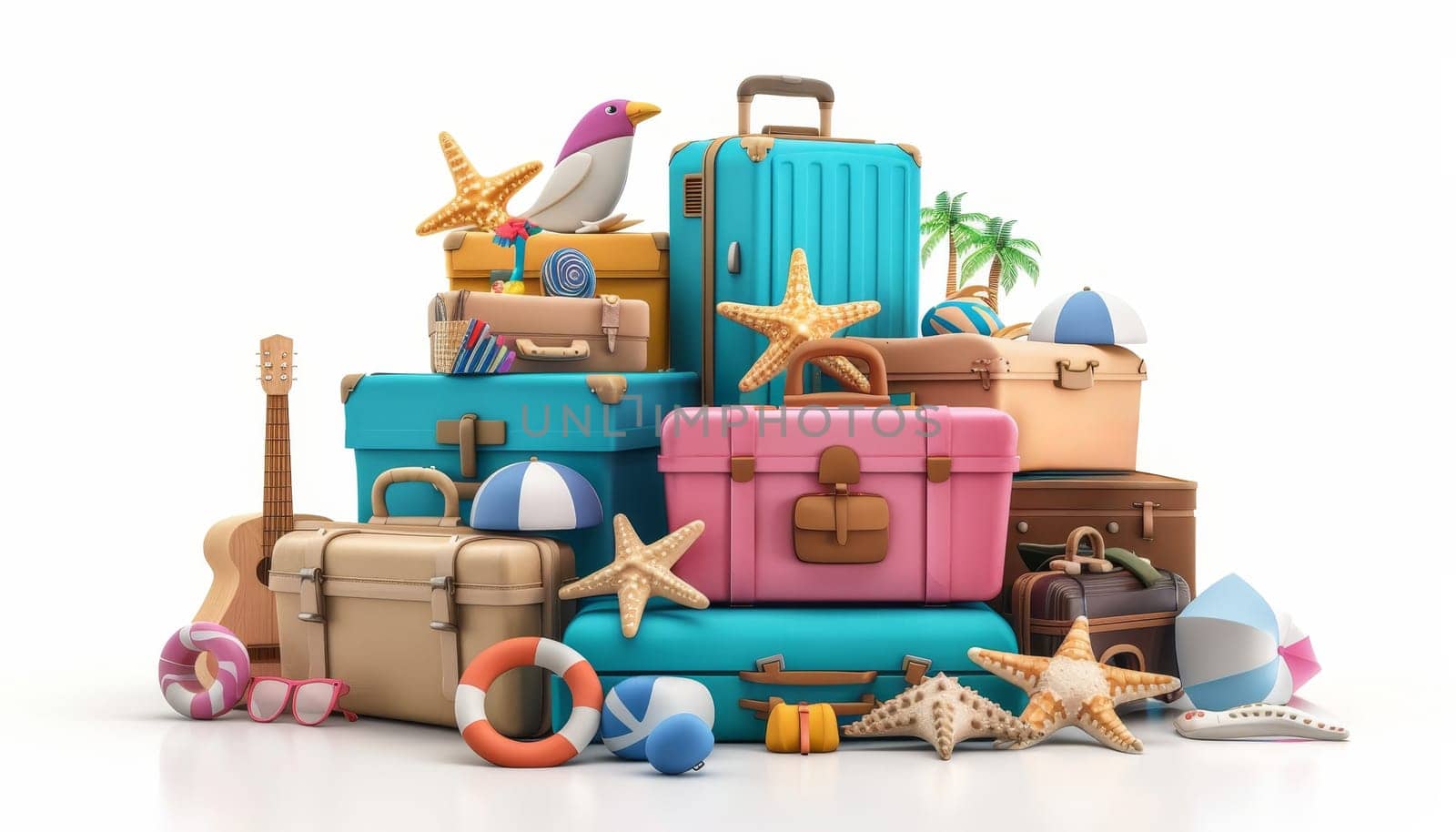 Pile of luggage, beach accessories, and travel items. Concept of vacation and summer holiday by AI generated image.