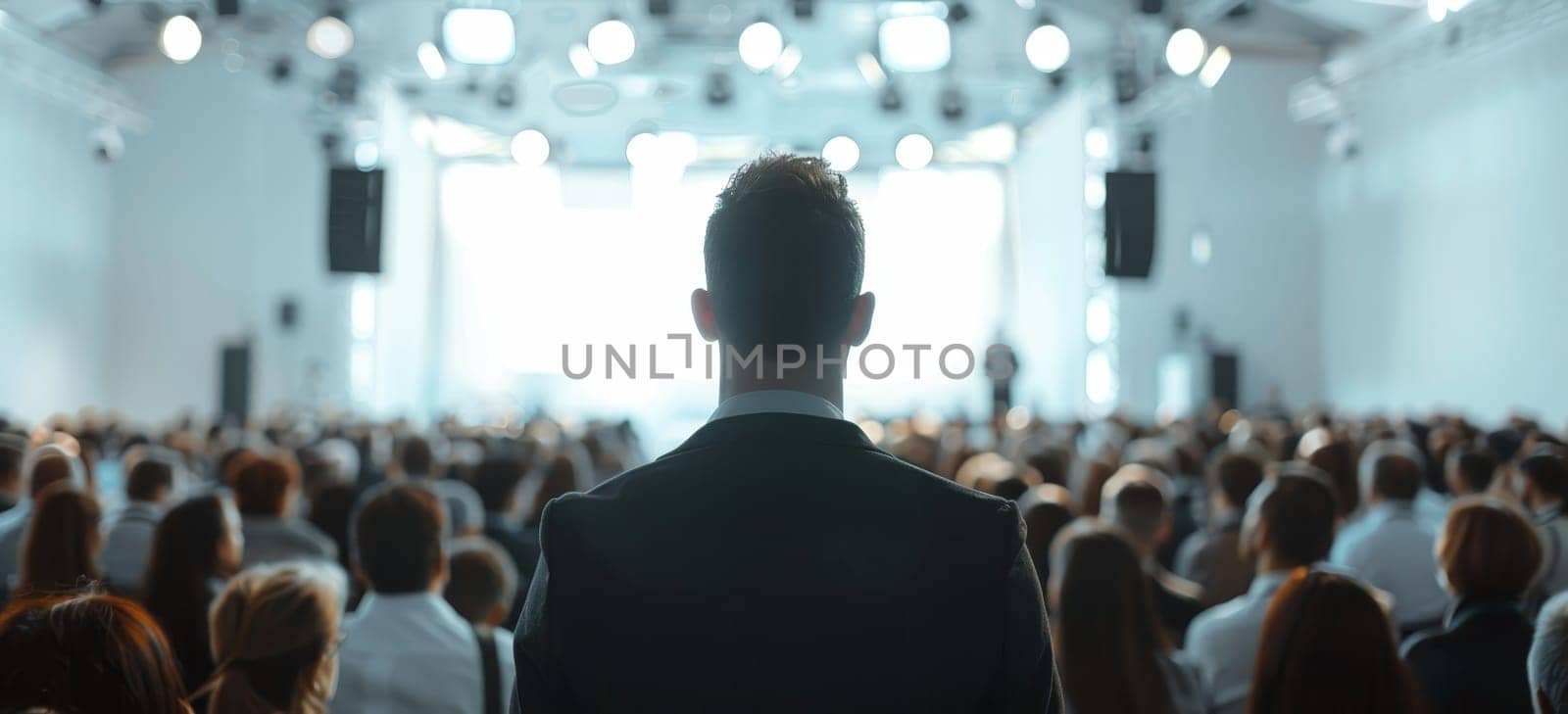 A man stands in front of a crowd of people, looking out at them by AI generated image by wichayada