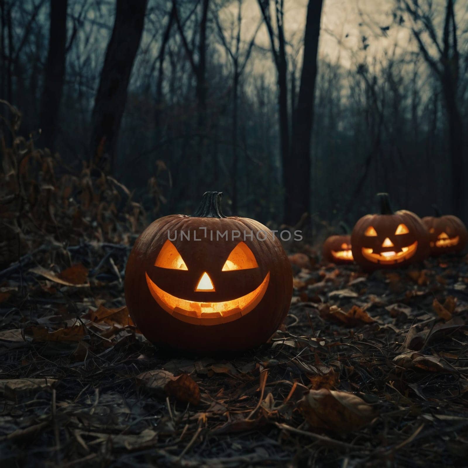 Lots of Halloween glowing pumpkins in a dark forest. Forest in the rays of moonlight and candles