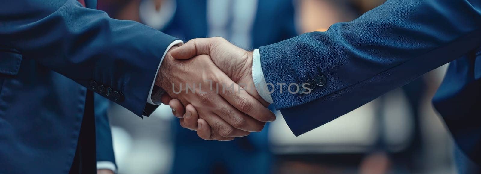 Two men shaking hands in a business setting by AI generated image.