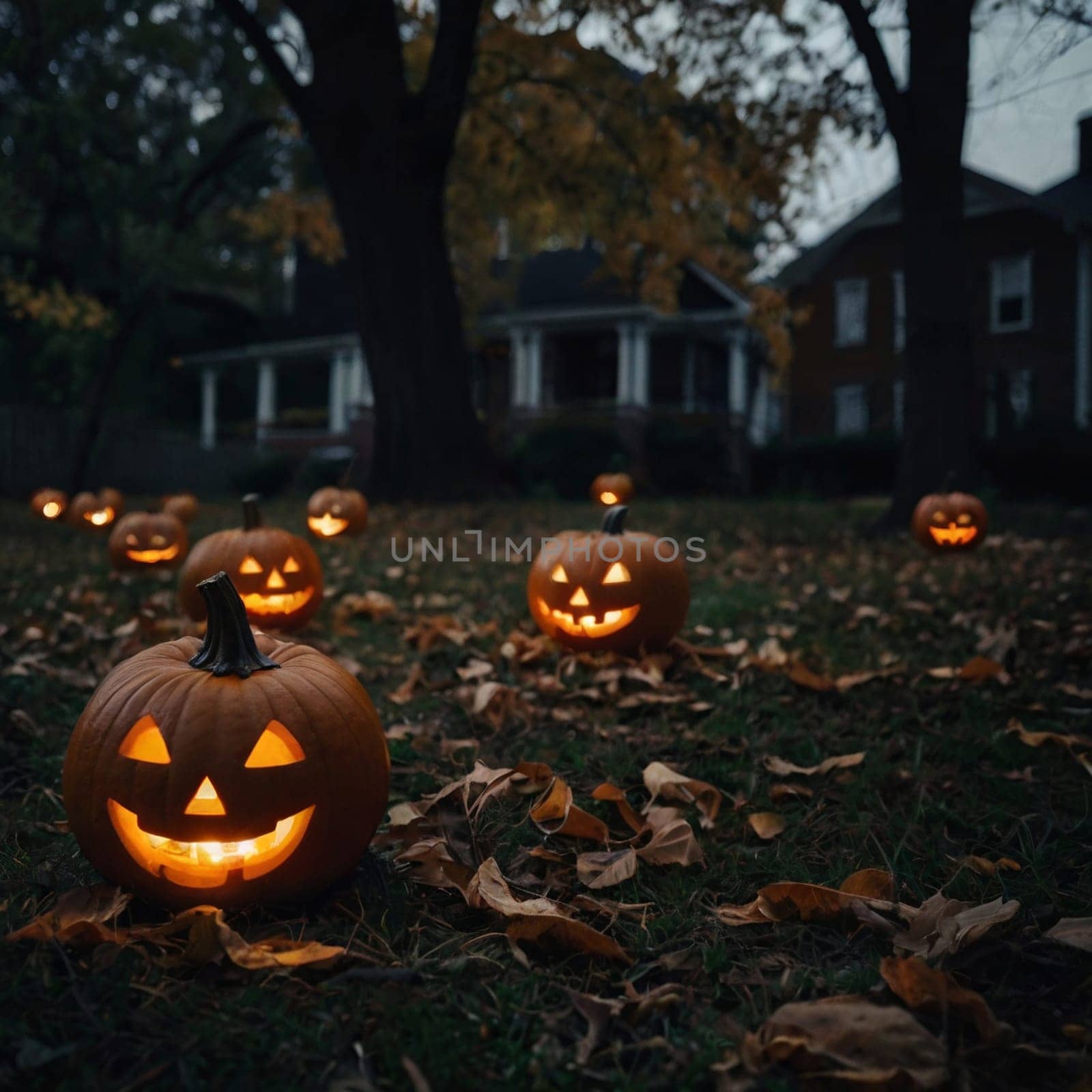 Lots of Halloween pumpkins in a dark courtyard by VeronikaAngo