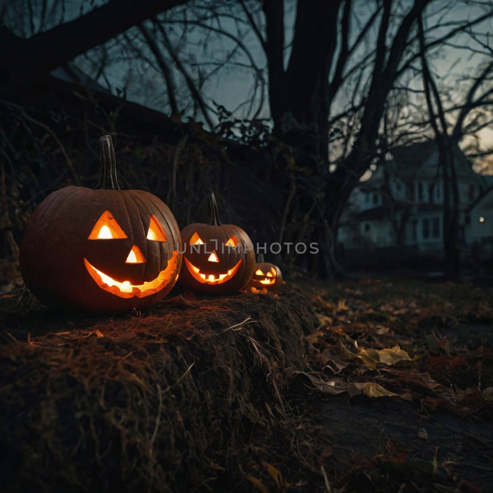 Lots of Halloween glowing pumpkins in a dark courtyard with an old house behind them. The site of the house is gloomy and autumnal.