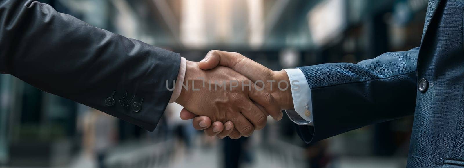 Two men shaking hands in a business setting by AI generated image.