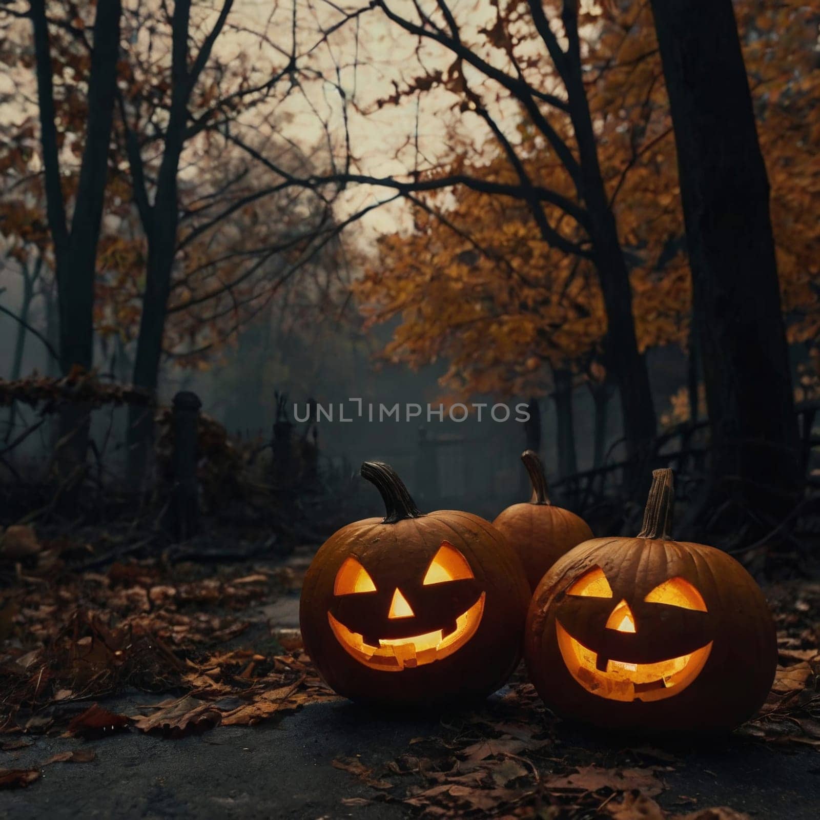 Lots of Halloween pumpkins in a dark forest by VeronikaAngo