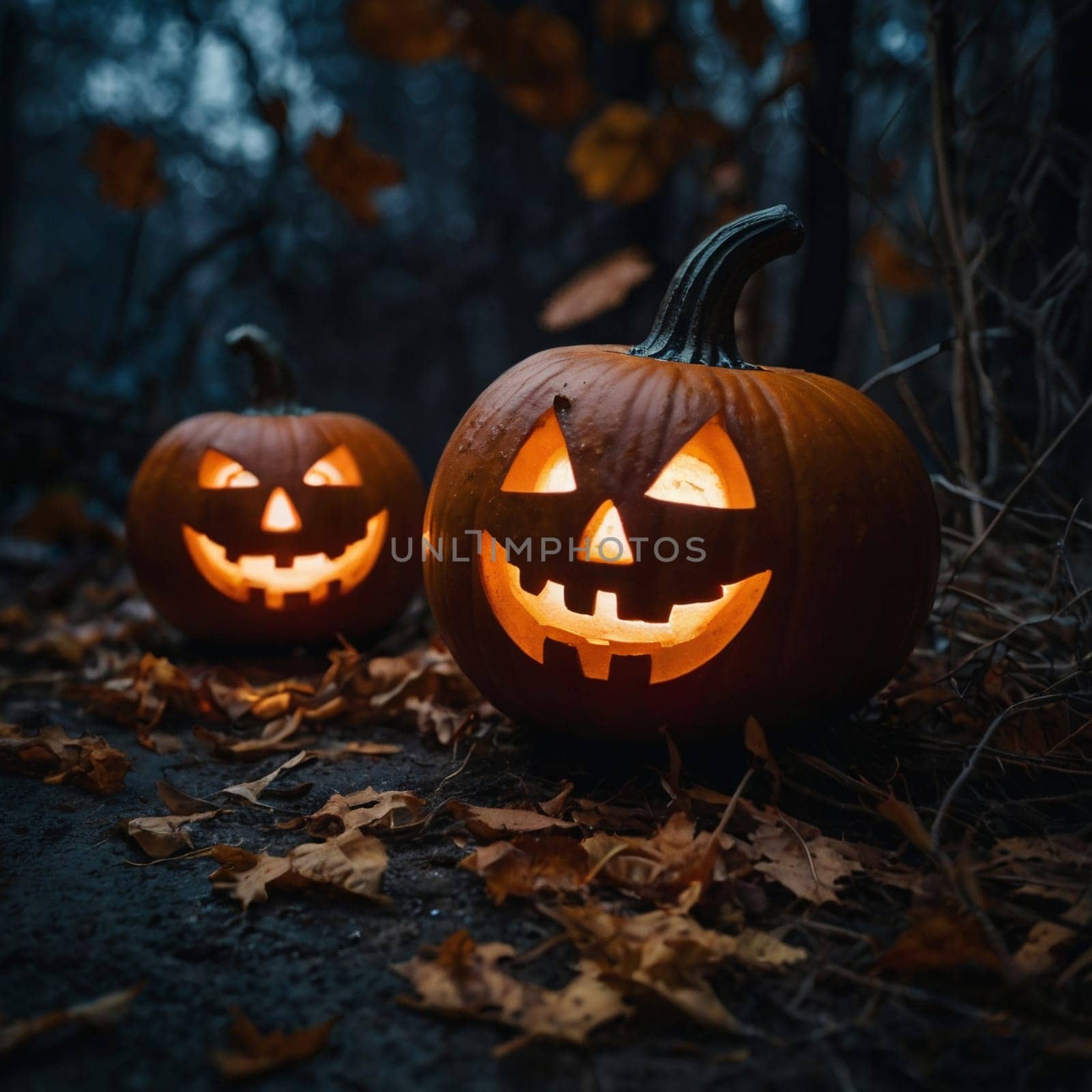 Lots of Halloween pumpkins in a dark forest by VeronikaAngo