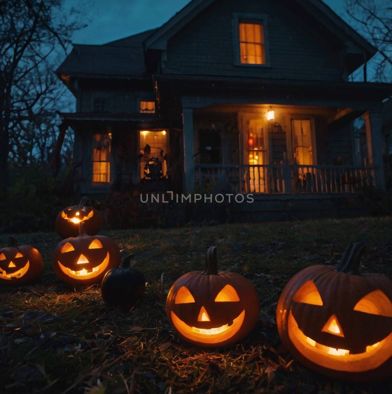 Lots of Halloween pumpkins in a dark courtyard by VeronikaAngo