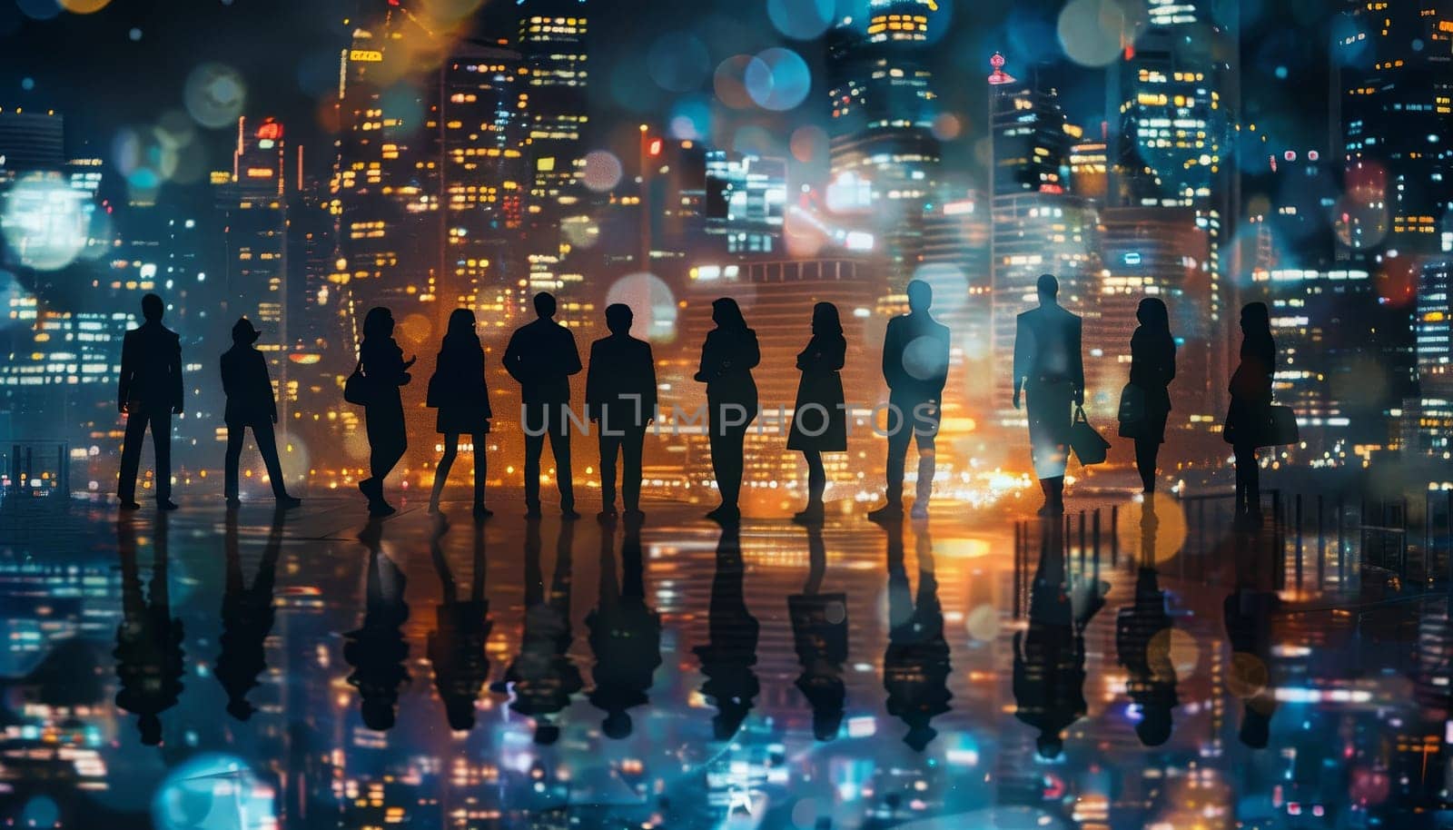 A group of people are standing in the rain by AI generated image.