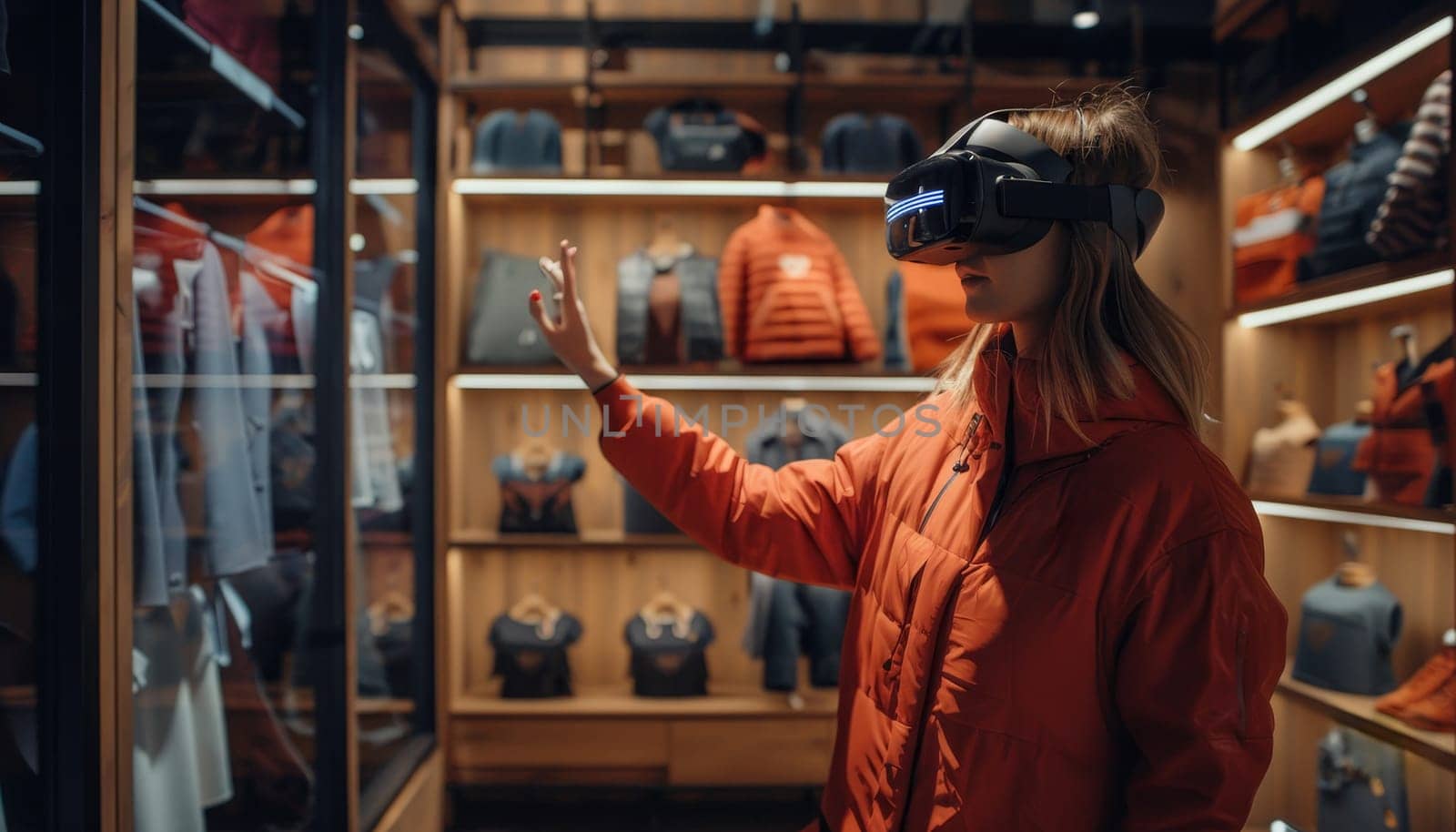 A woman in an orange jacket is playing a video game in a store by AI generated image by wichayada