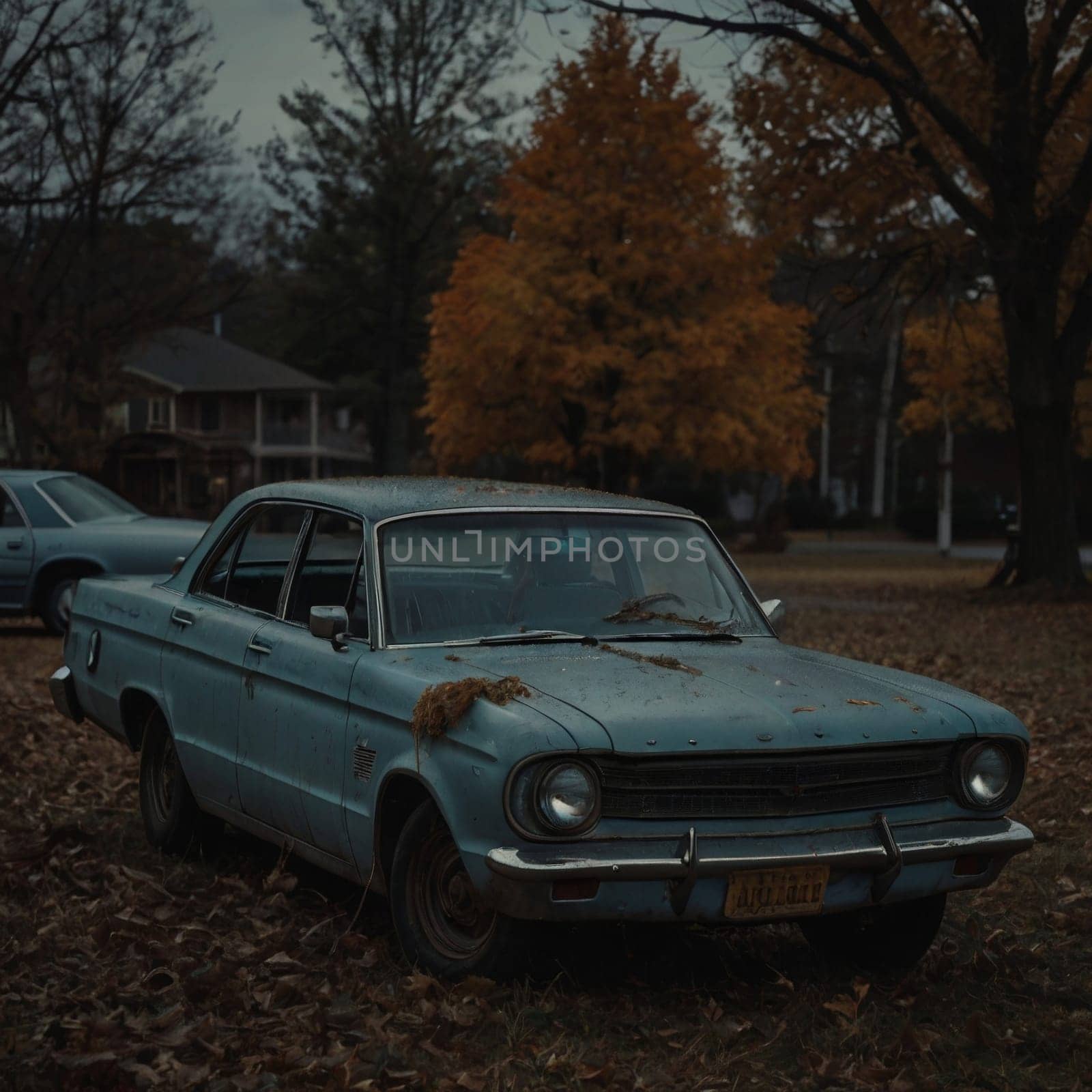 Vintage blue car in the yard of an old house by VeronikaAngo