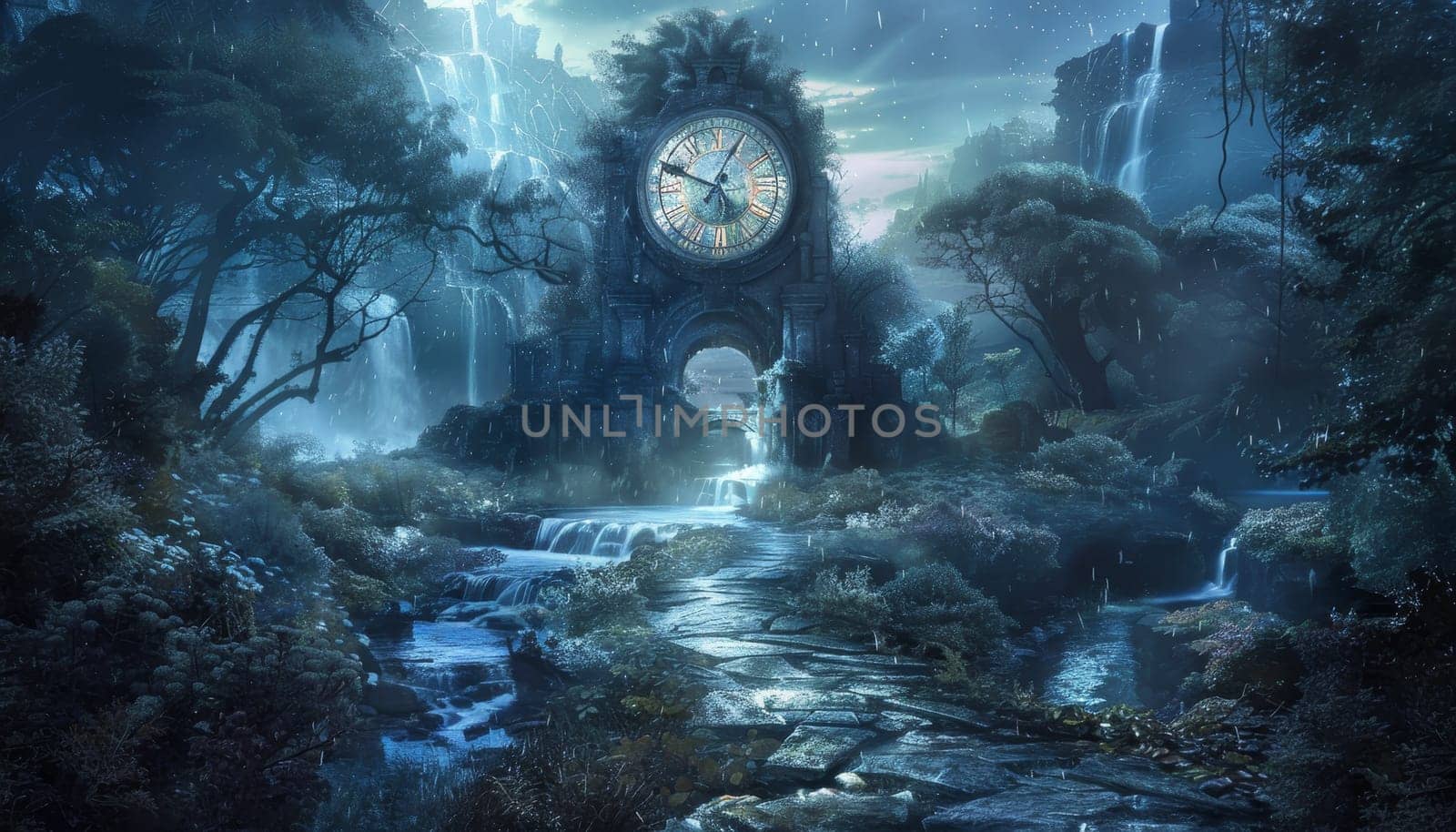 A clock tower in a forest with a water feature in front of it by AI generated image.