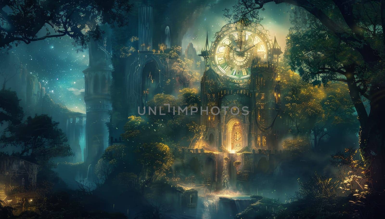 A fantasy scene with a castle and a clock tower by AI generated image.