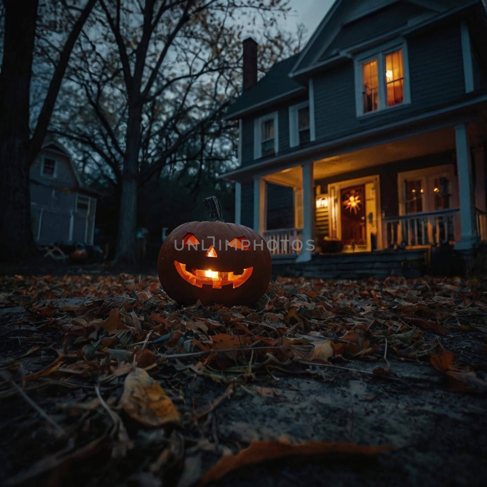 Halloween glowing pumpkin in a dark courtyard with an old house behind them. The site of the house is gloomy and autumnal.