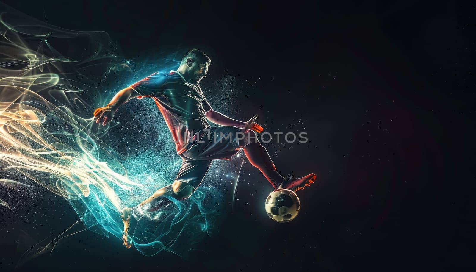 A man in a colorful outfit is kicking a soccer ball by AI generated image by wichayada