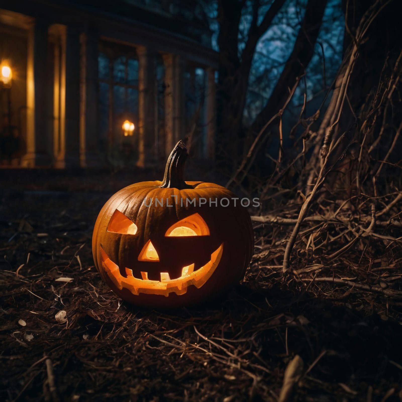 Halloween glowing pumpkin in a dark courtyard with an old house behind them. The site of the house is gloomy and autumnal.