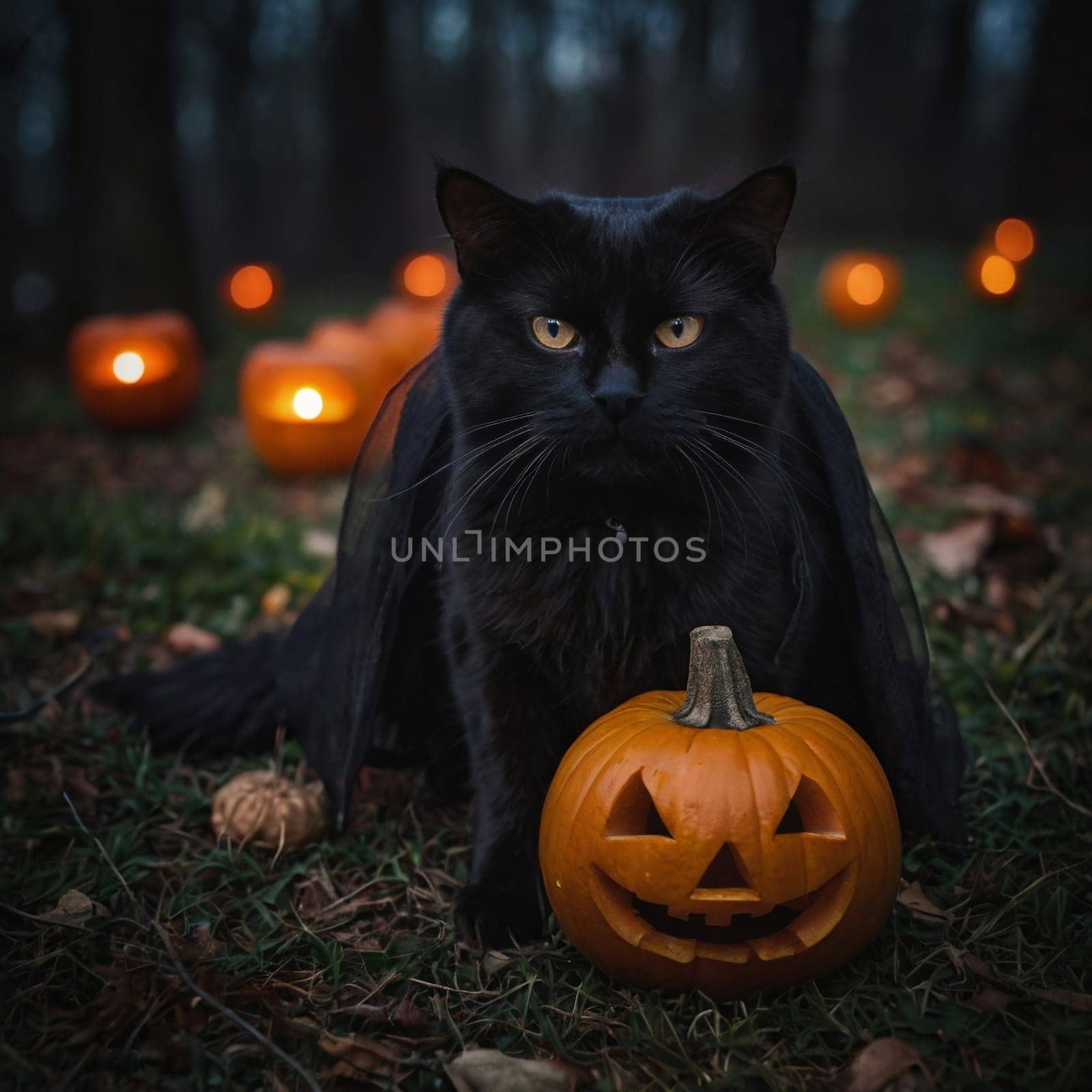 A black cat in a cape sits in the woods with lots of Halloween glowing pumpkins