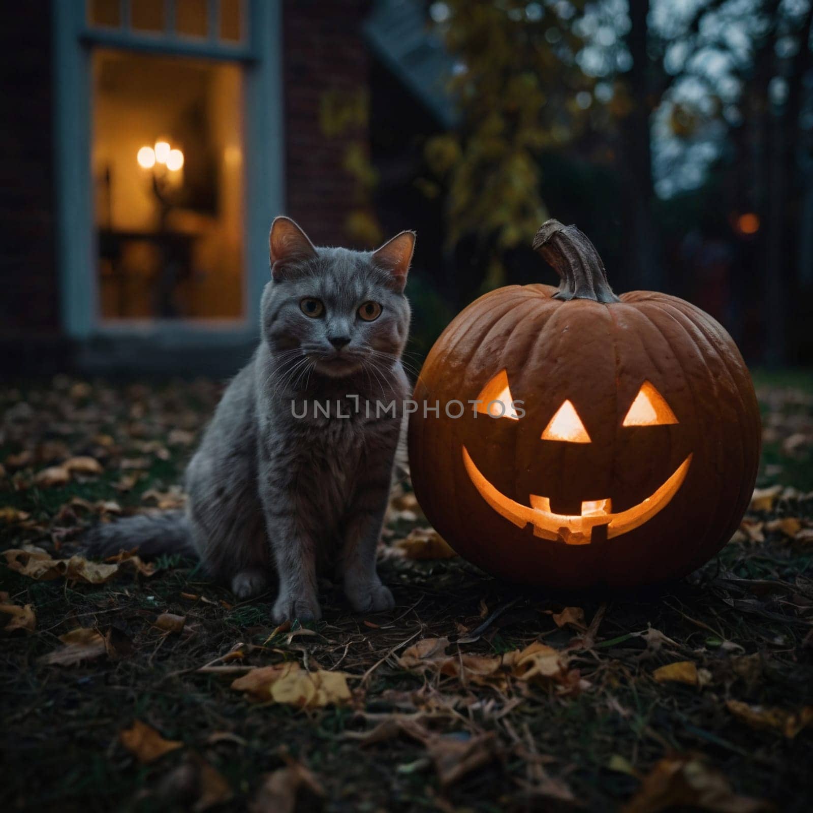 Gray cat sitting in the yard of the house on an autumn evening with a Halloween glowing pumpkin