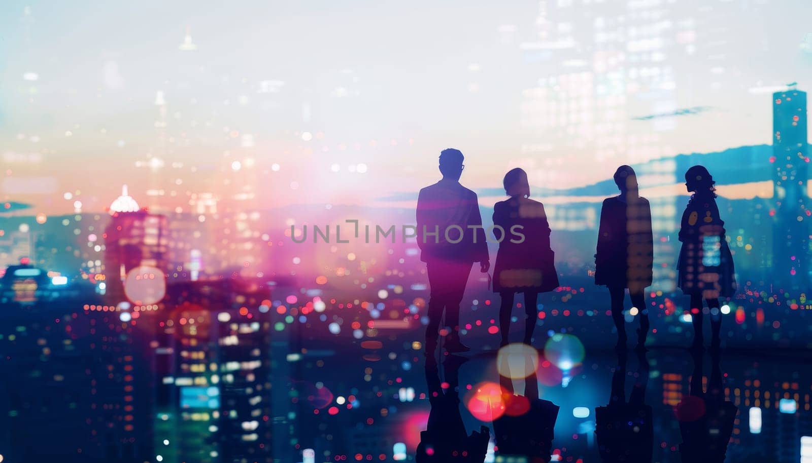 A group of four people are standing on a rooftop in a city at night by AI generated image.