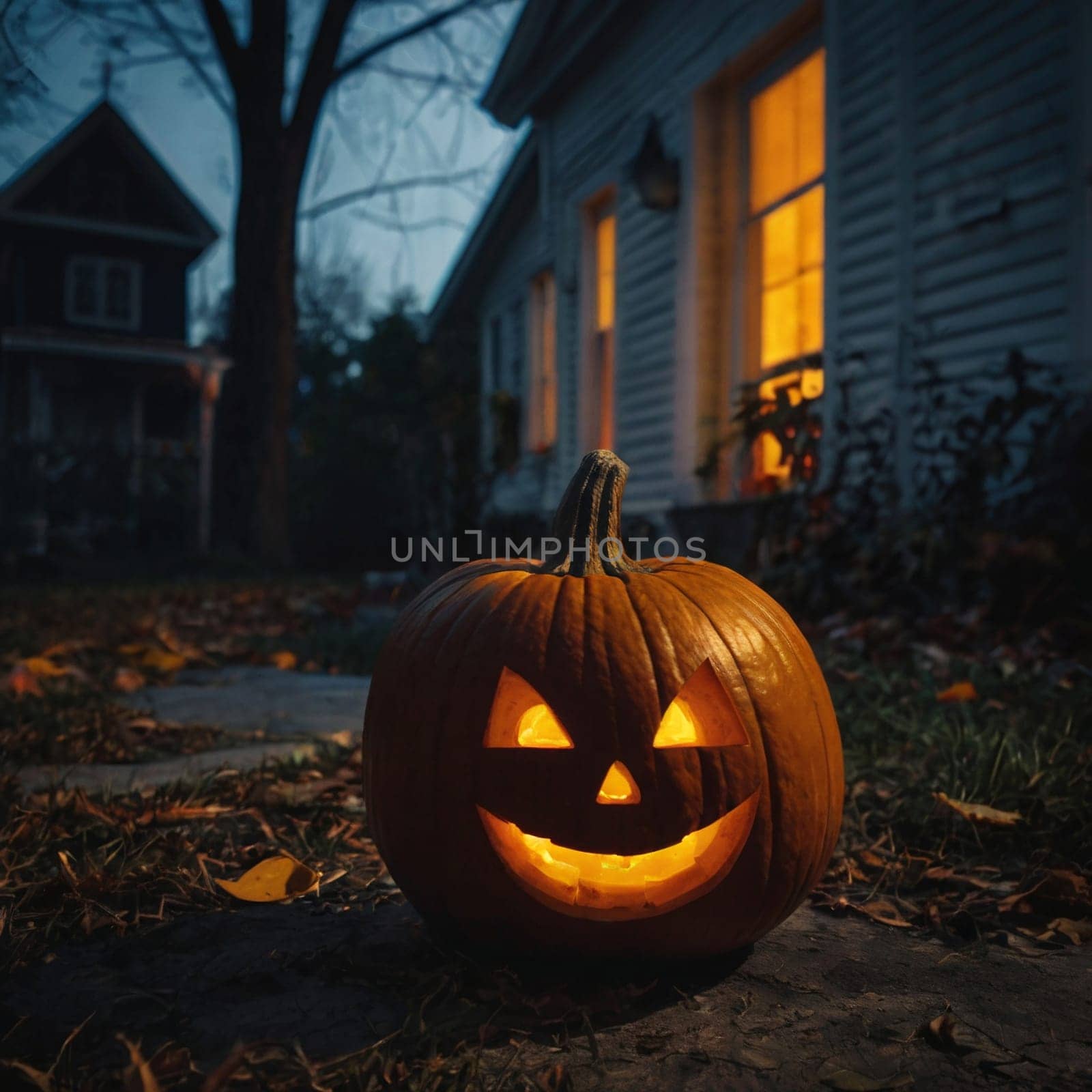 Halloween glowing pumpkin in a dark courtyard with an old house behind them. The site of the house is gloomy and autumnal.